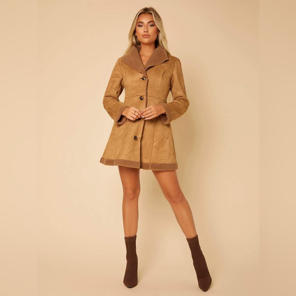 SHEIN Single Breasted Teddy Lined Suede Coat in Brown Size M (US 6)